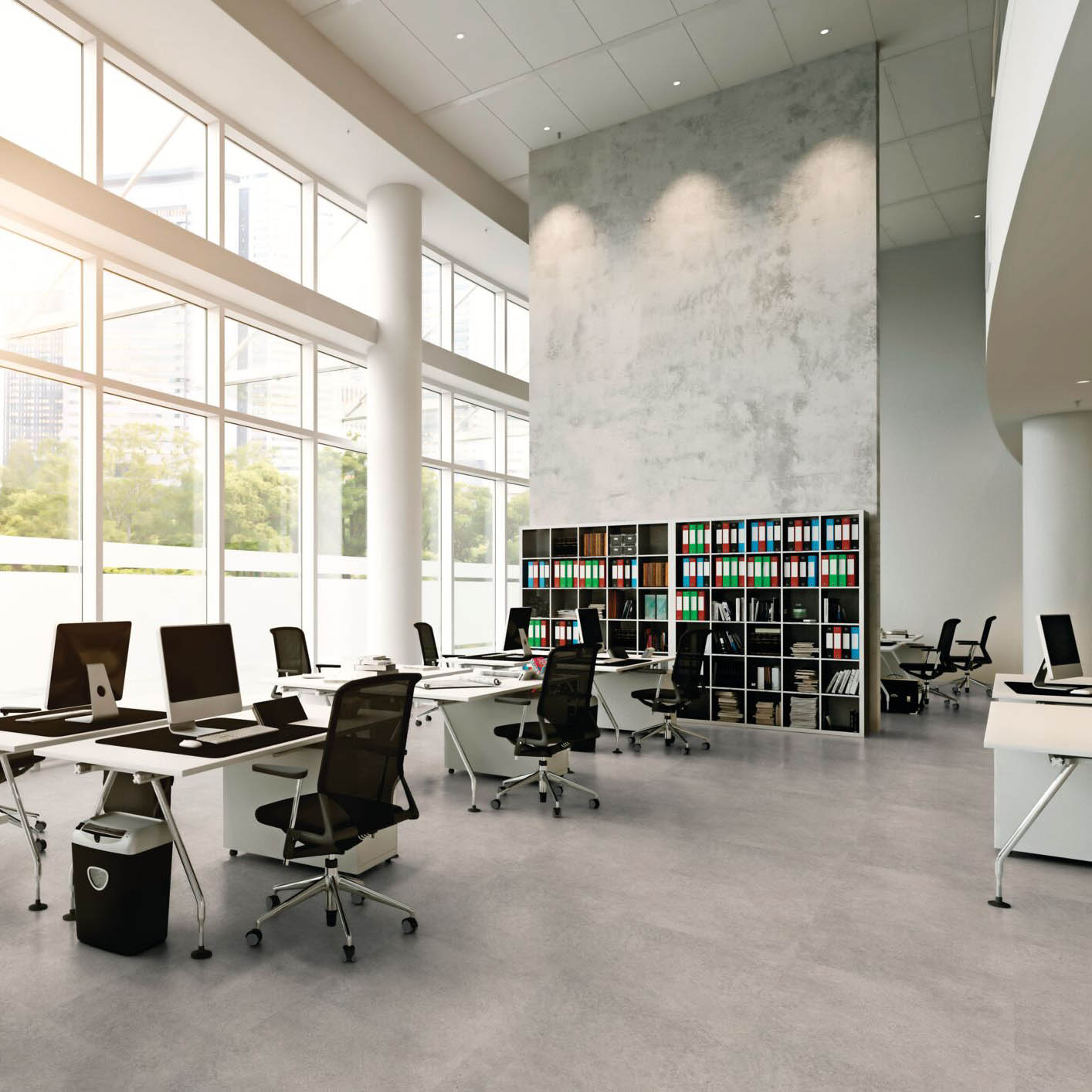 Afterhall_revendeur_sol_Expona_commercial_5067_grey_concrete_beton_photo_ambiance Expona Grey concrete 5067 beton dans des bureaux modernes et lumineux