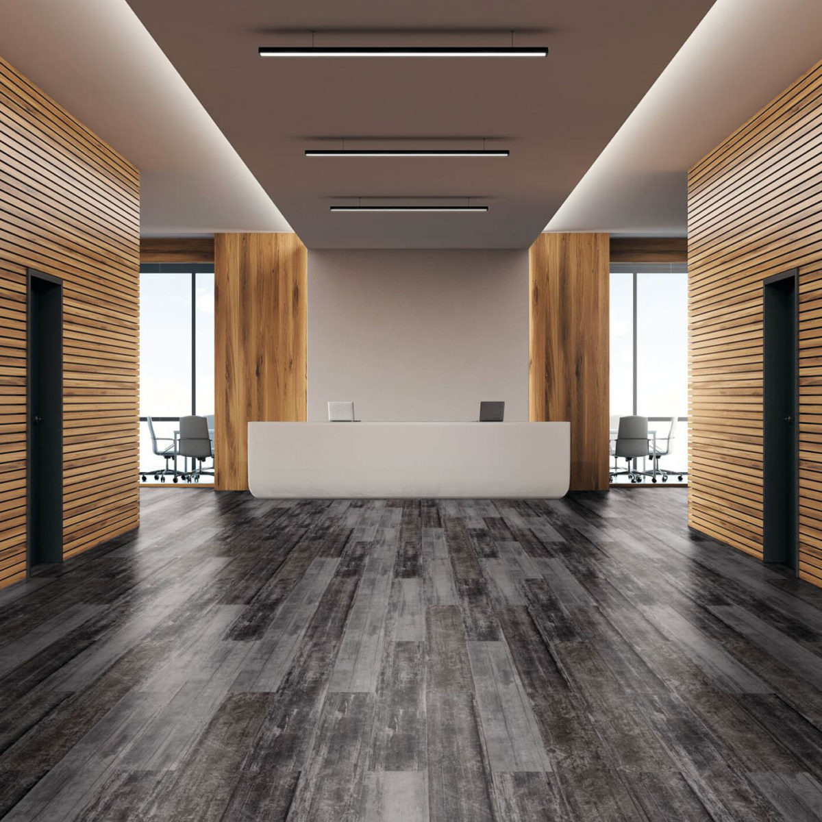 Acheter en ligne Objecflor Expona Commercial, Sol vinyle design en bois noir dans le hall d'un local professionnel très moderne offrant un style épuré ambiance et style sobre