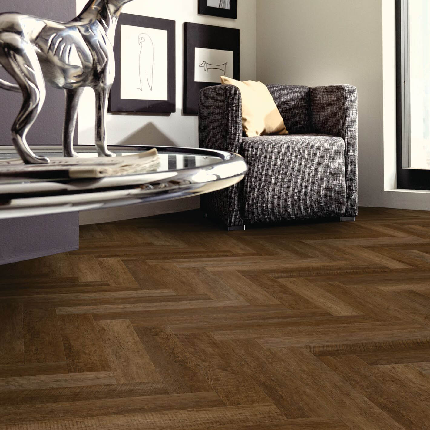 Afterhall_revendeur_sol_Expona_living_herringbone_living_8151_herringbone_living_castilllot_oak_chene_fonce_ambiance Sol Expona living herringbone 8151 chene foncé dans une pièce style design