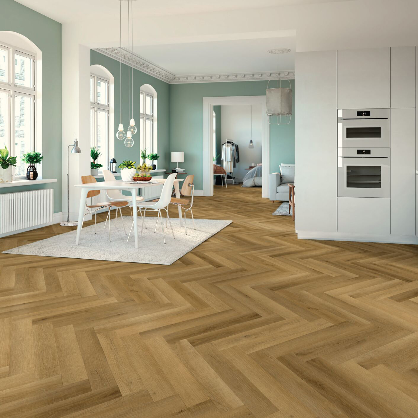 Afterhall_revendeur_sol_Expona_living_herringbone_living_8154_herringbone__living_cornwall_oak_chene_ambiance Sol Expona living herringbone 8154 chene dans une pièce spacieuse
