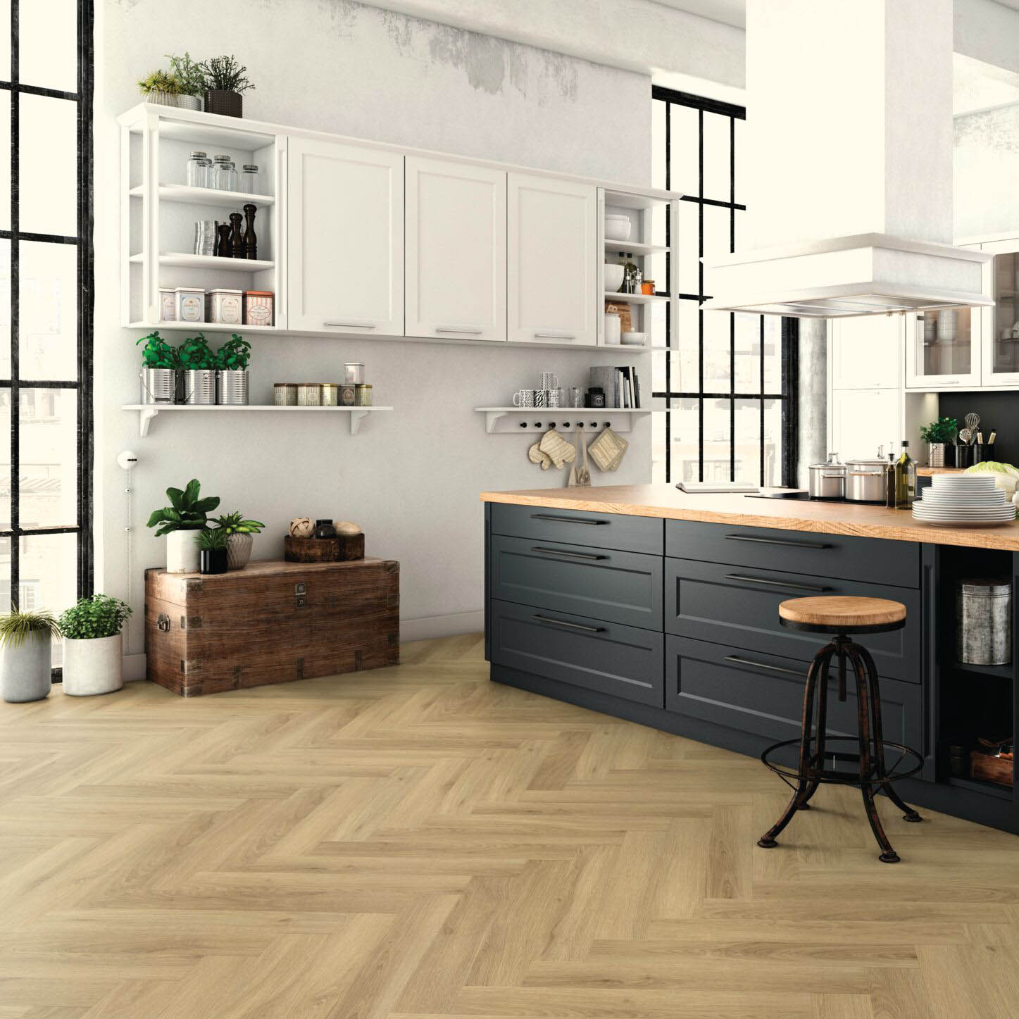 Afterhall_revendeur_sol_Expona_living_herringbone_living_8155_herringbone_living_dew_oak_chene_clair_ambiance Objectflor Expona Living Herringbone, Sol en vinyle design, pour cuisine de luxe, salon, chambre moderne