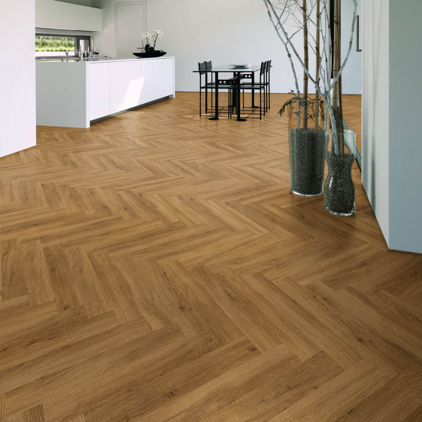 Afterhall_revendeur_sol_Expona_living_herringbone_living_8156_herringbone_living_finesse_oak_chene_brun_photo_mise_situation sol Expona living herringbone 8156 chene brun dans une pièce spacieuse et minimaliste
