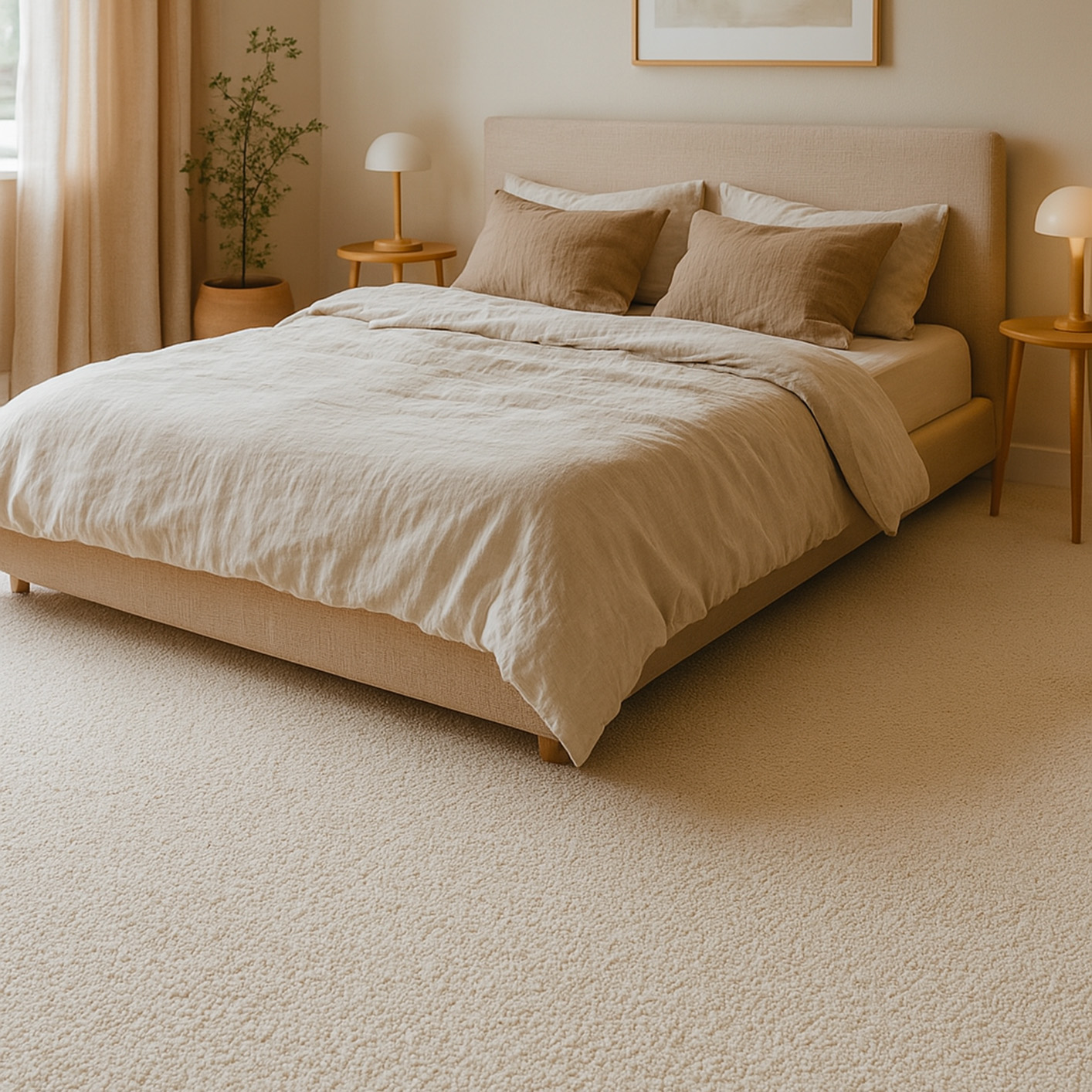 Afterhall_nos_sols_moquette_a_coller_nubera_n30_aspect_blanc_mise_situation_chambre_cocooning Sol moquette à coller velours couleur beige dans une chambre lumineuse