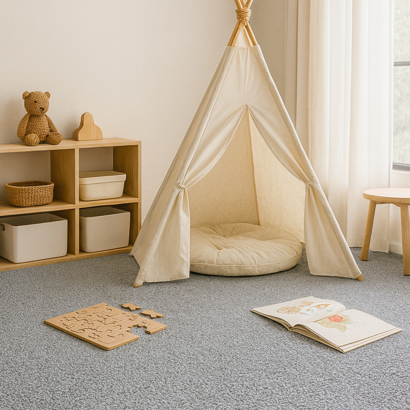 Sol moquette gris velours à coller dans une chambre d'enfants