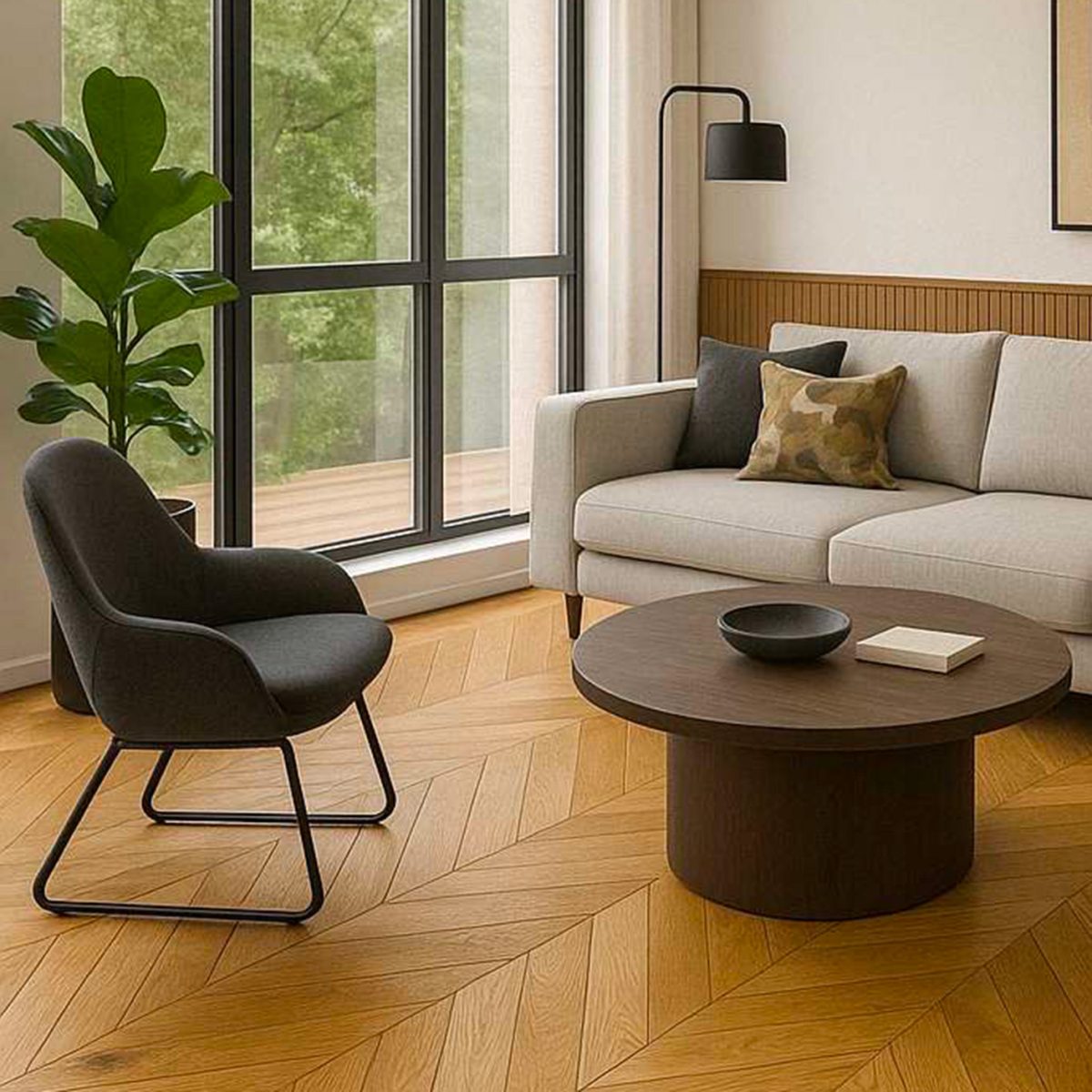 Salon moderne avec un parquet massif en point de hongrie