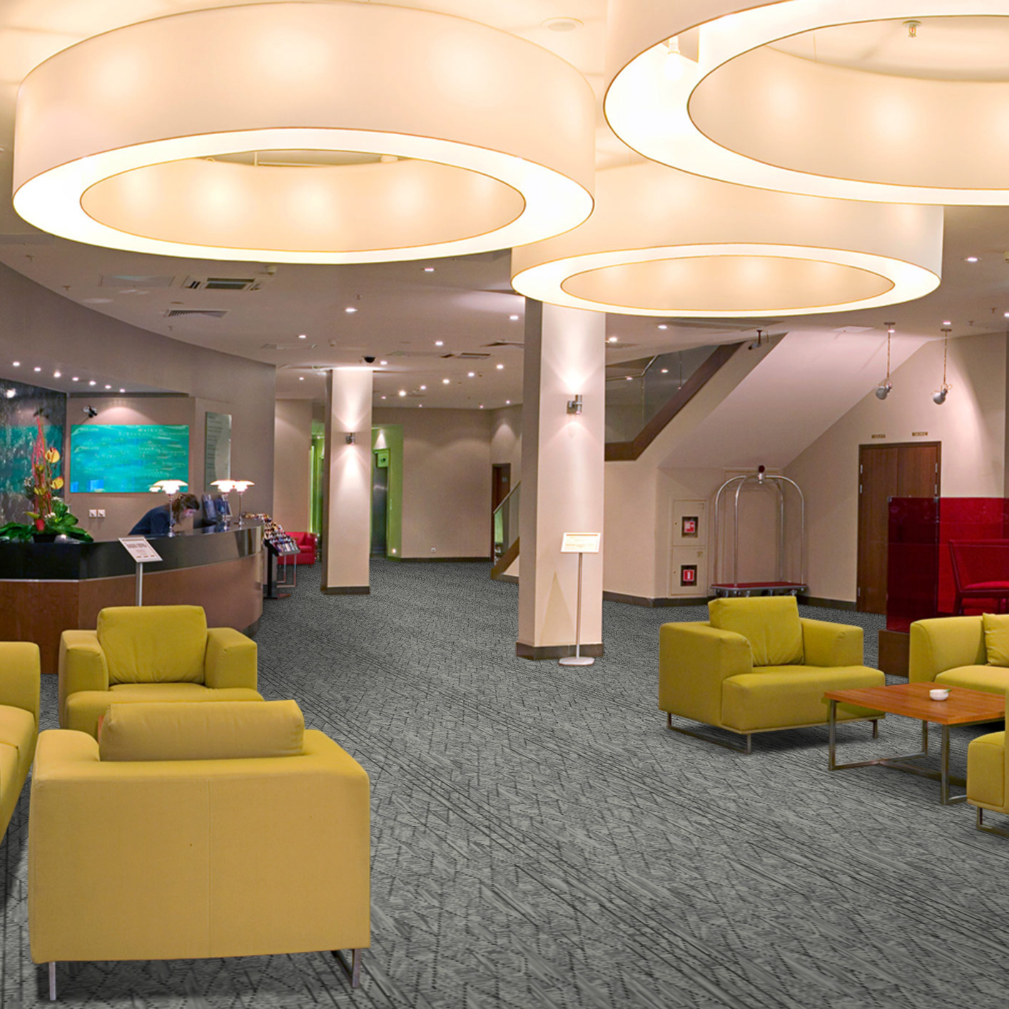 Accueil hôtel avec moquette à motifs aspect velours à coller Balsan Carrare 920 marron