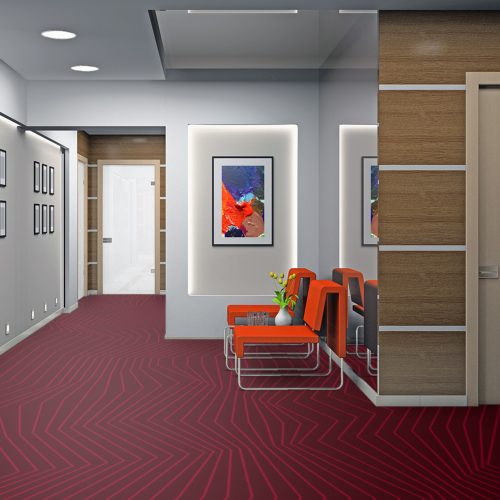 Hall d'entrée avec moquette rouge balsan à coller en velours.