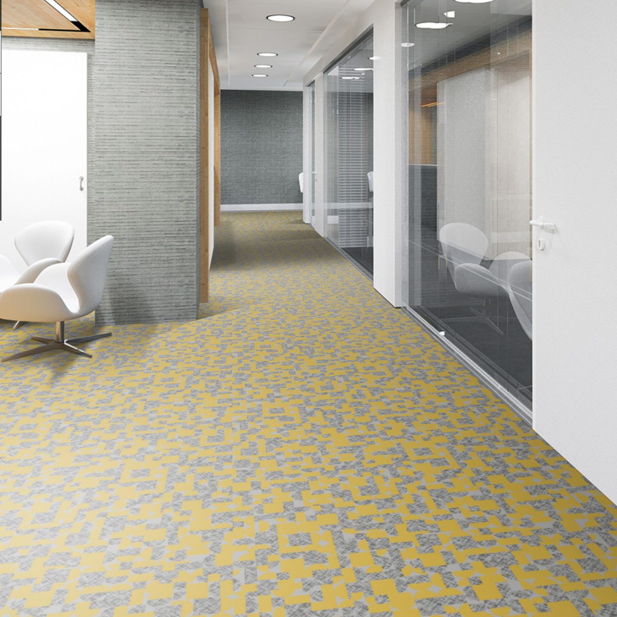 sol velours jaune a motif moquette balsan mise en scene