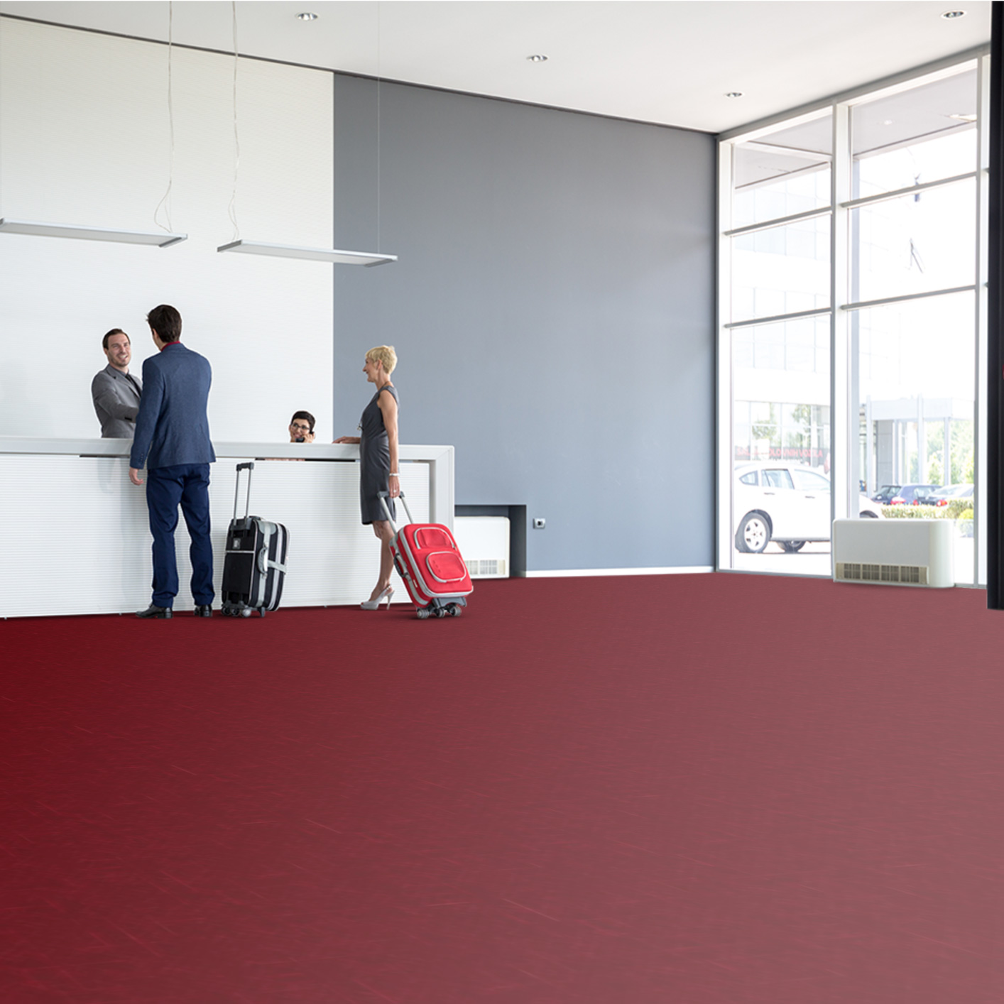 sol_velours_rouge_haut_de_gamme_moquette_balsan_mise_en_scene Locaux avec moquette à motifs aspect velours à coller Balsan Graph 570 rouge