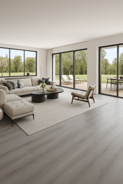 Salon spacieux avec baies vitrées sur le jardin et zone détente avec canapé blanc et tapis clair. Au sol, le Aria Wood 94 aspect bois chêne gris