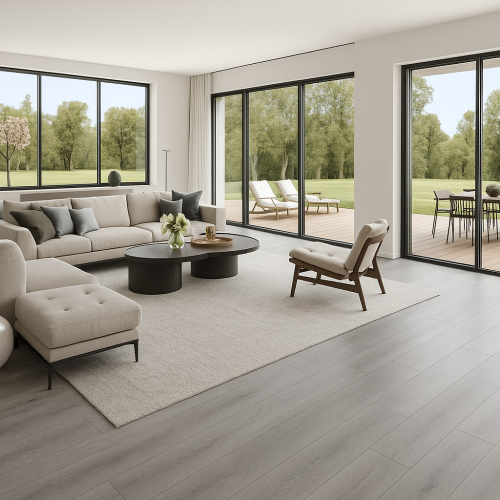 Salon spacieux avec baies vitrées sur le jardin et zone détente avec canapé blanc et tapis clair. Au sol, le Aria Wood 94 aspect bois chêne gris