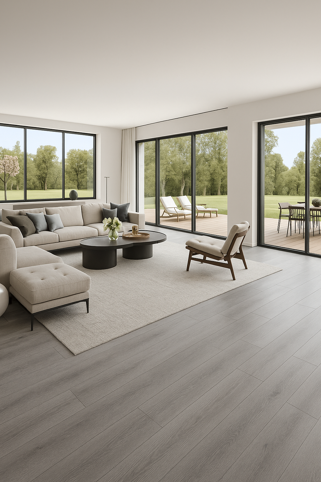 Ambiance Aria wood 94 chêne gris Salon spacieux avec baies vitrées sur le jardin et zone détente avec canapé blanc et tapis clair. Au sol, le Aria Wood 94 aspect bois chêne gris
