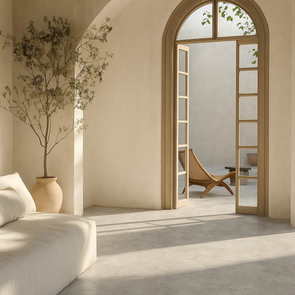 Pièce à vivre spacieuse avec vue extérieure, le sol est en vinyle aspect pierre