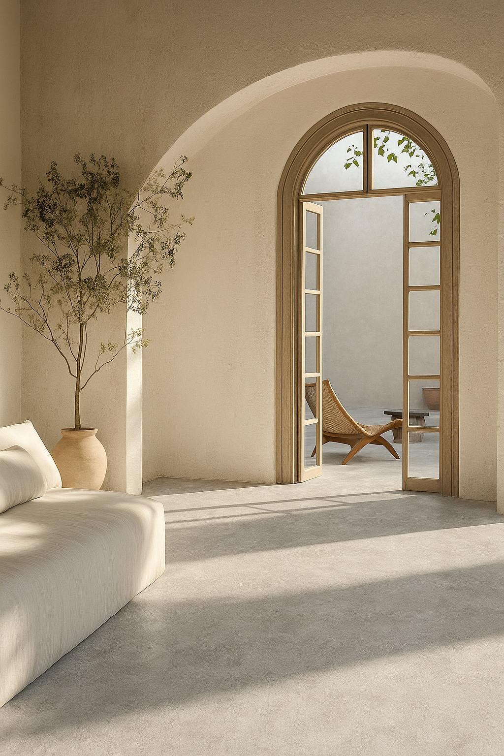 Pièce à vivre spacieuse avec vue extérieure, le sol est en vinyle aspect pierre