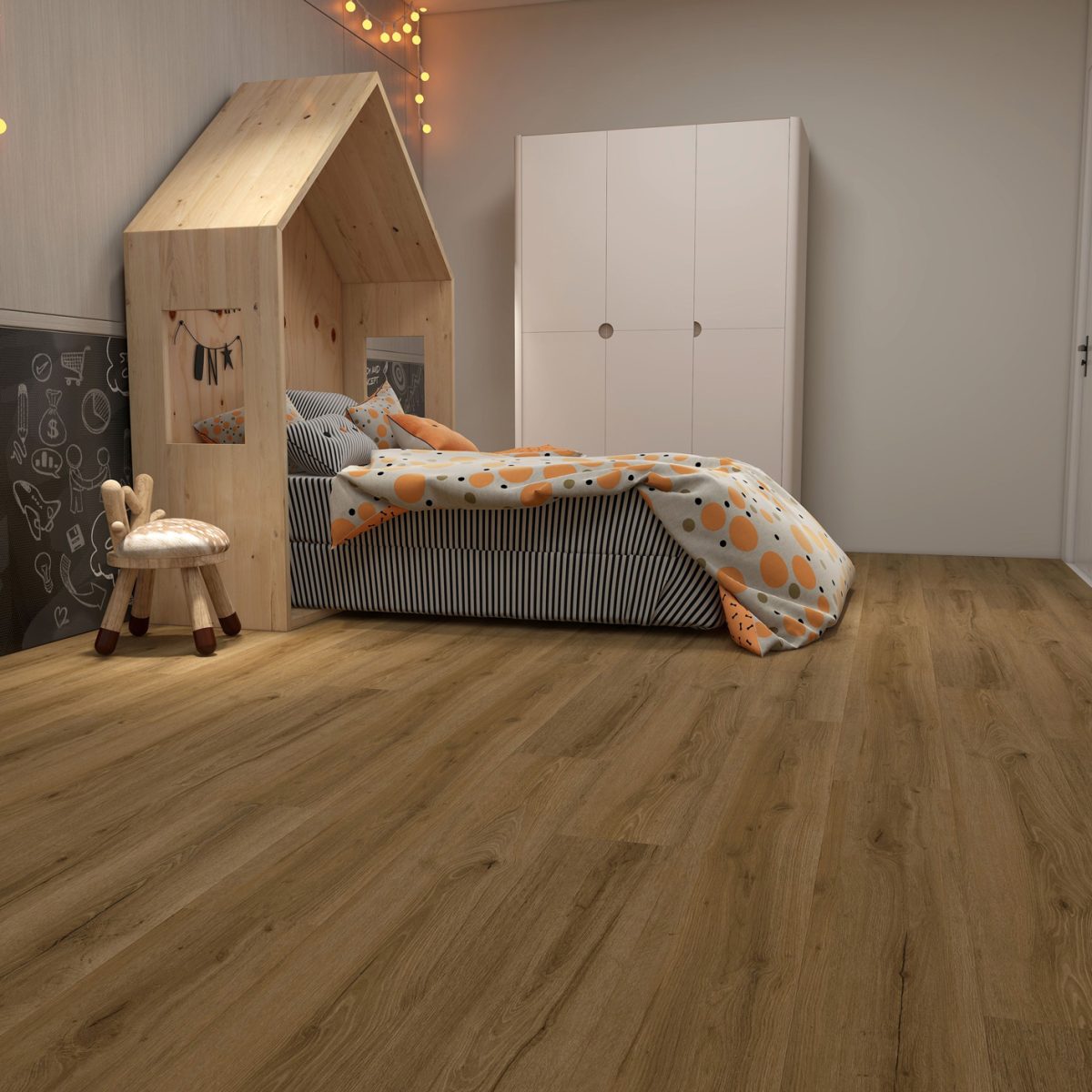 revetement sol pvc plombant aspect chene fonce mise en scene