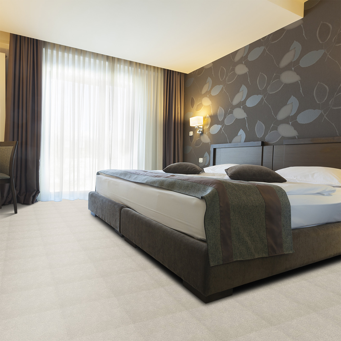 Moquette cocooning beige à coller dans une chambre