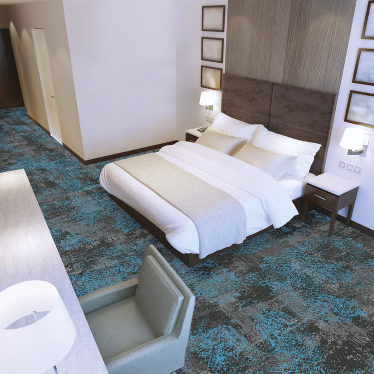 moquette velours a coller bleue haut de gamme balsan mise en situation