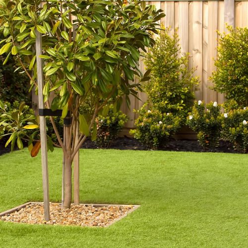 jardin avec arbre, haie d'arbustes et carré de gazon synthétique réaliste