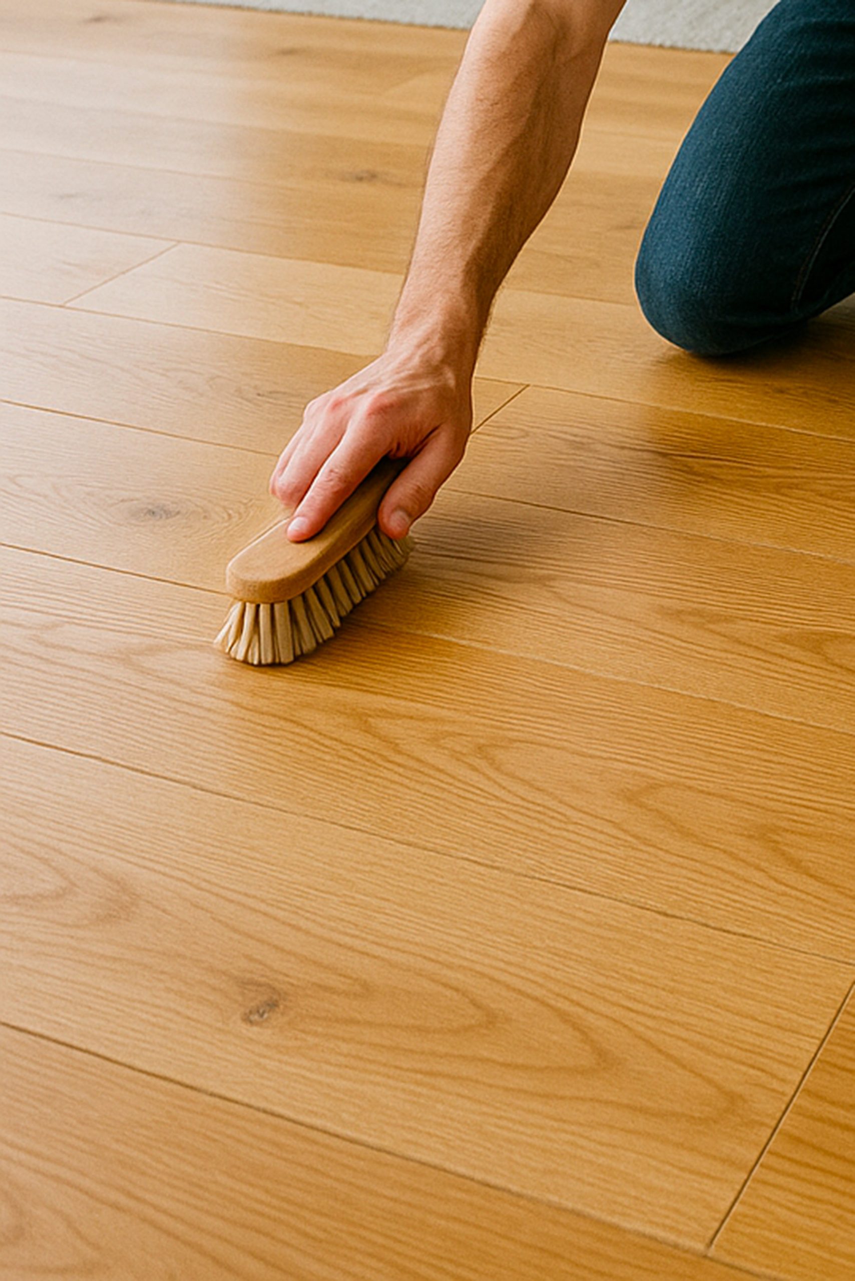Comment nettoyer son sol en 2025 ? 26 Nettoyage d'un parquet massif avec une brosse
