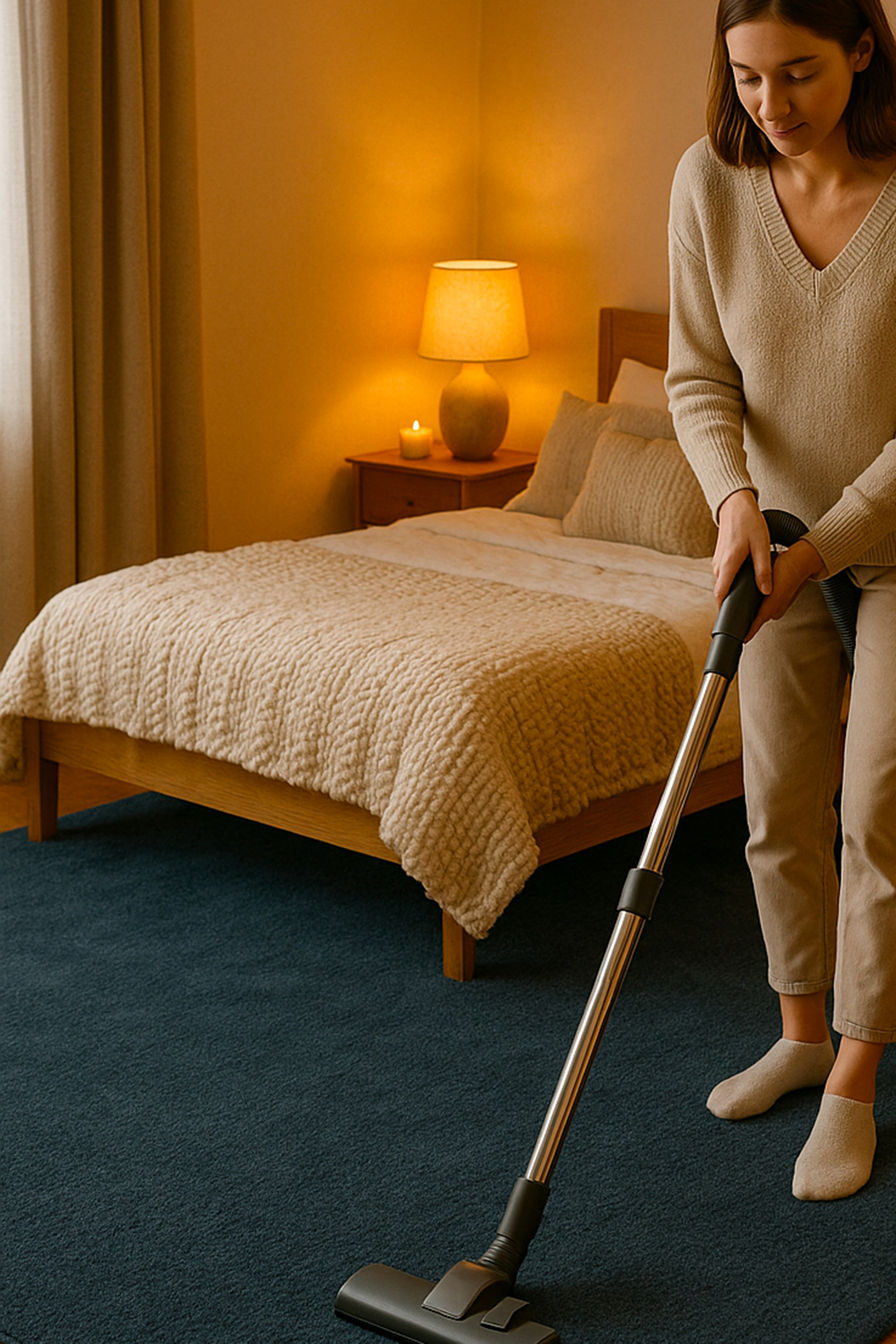 Comment nettoyer son sol en 2025 ? 30 Nettoyage d'une moquette bleue en velours dans une chambre