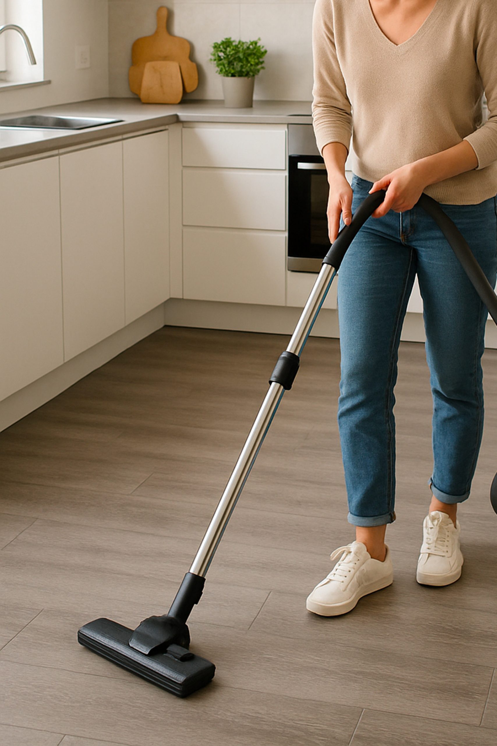 Comment nettoyer son sol en 2025 ? 19 Nettoyage d'un parquet stratifié gris avec un aspirateur