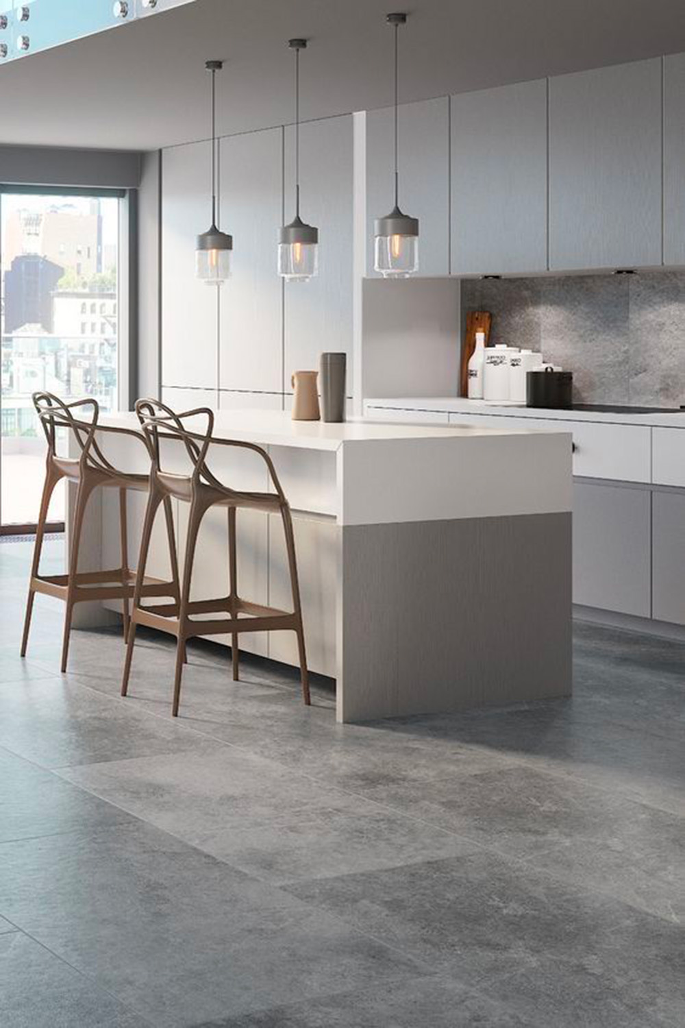 Quel sol pour aménager sa cuisine en 2025 ? 27 Carrelage aspect pierre dans une cuisine moderne