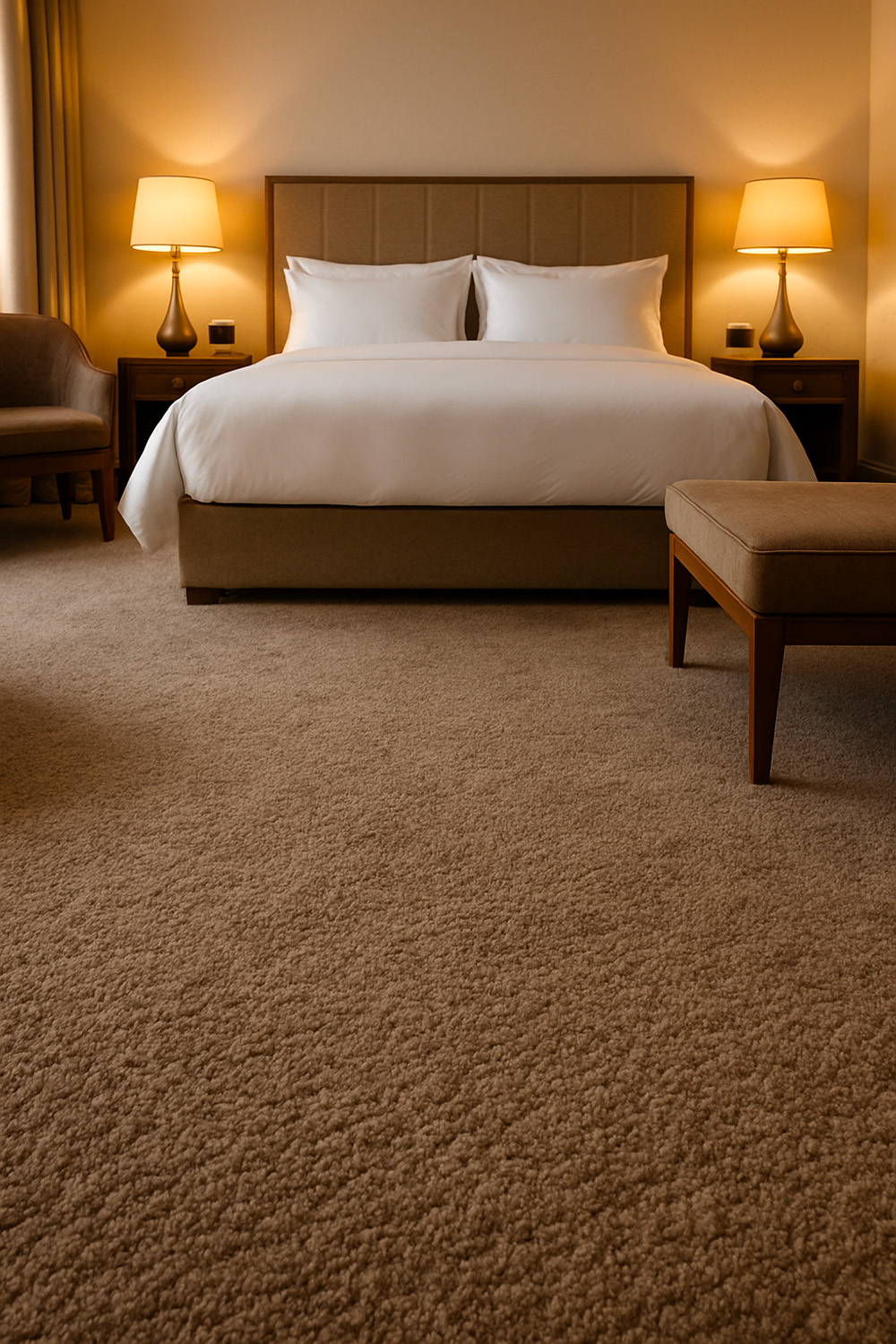 Les avantages de la moquette pour votre intérieur en 2025 39 Moquette velours épaisse haut de gamme dans une chambre d'hôtel
