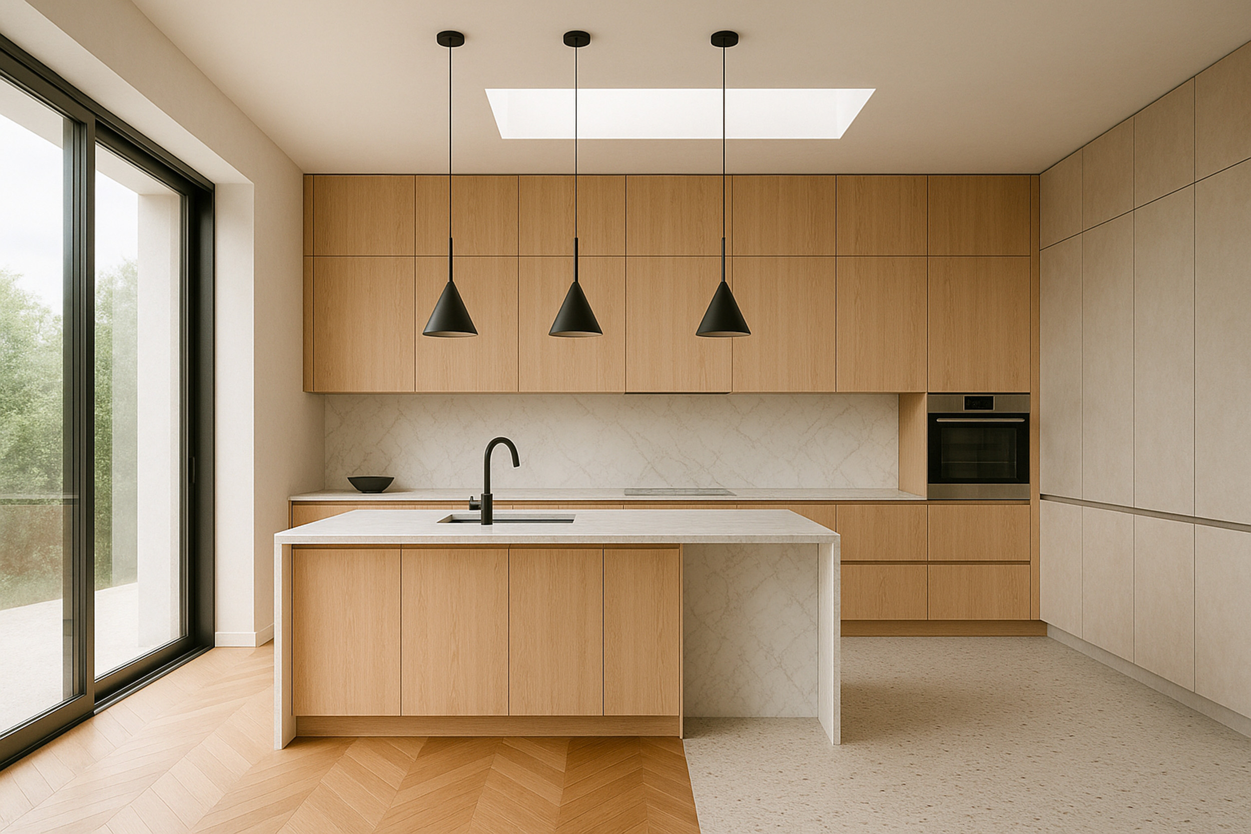 Cuisine moderne avec revêtement de sol en parquet point de hongrie et terrazzo
