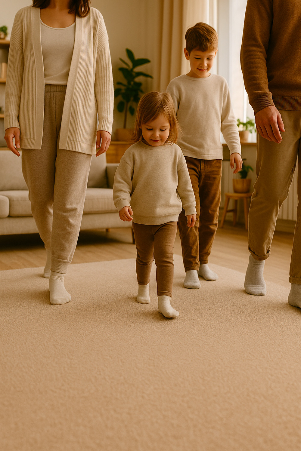 Les avantages de la moquette pour votre intérieur en 2025 29 Famille dans un salon avec de la moquette velours épaisse