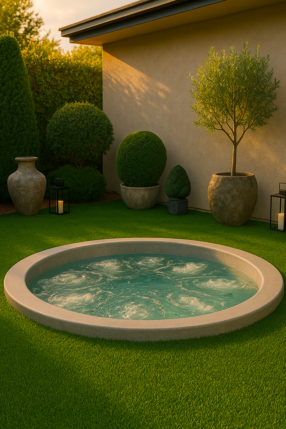Pourquoi choisir le gazon synthétique en 2025 ? 40 Jacuzzi dans un jardin entouré de gazon synthétique