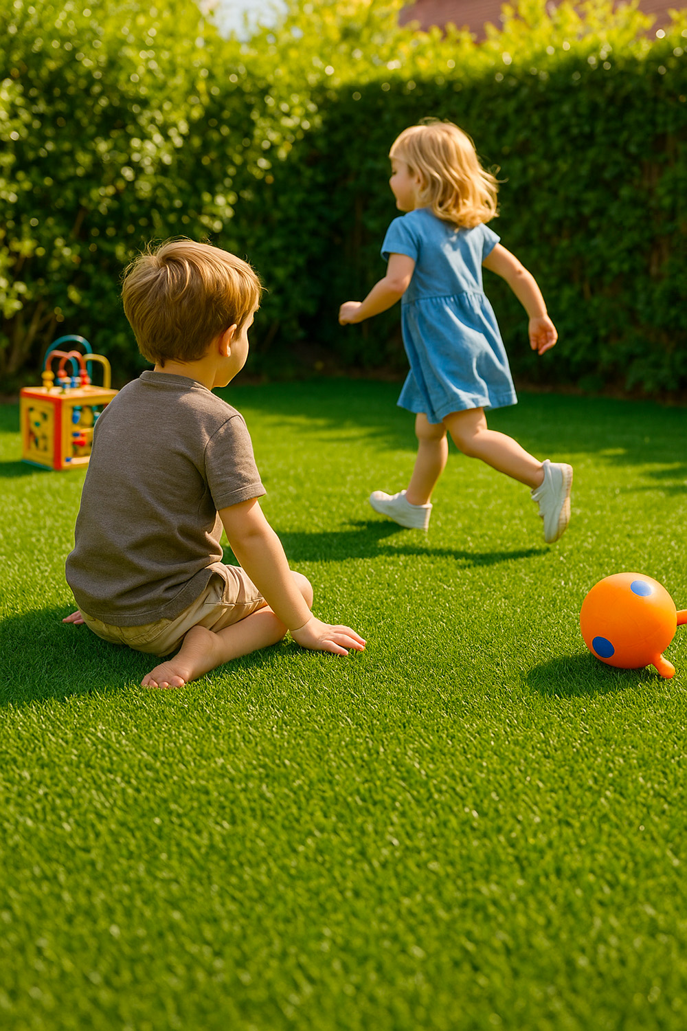 Pourquoi choisir le gazon synthétique en 2025 ? 35 Des enfants jouent sur un gazon synthétique dans un jardin