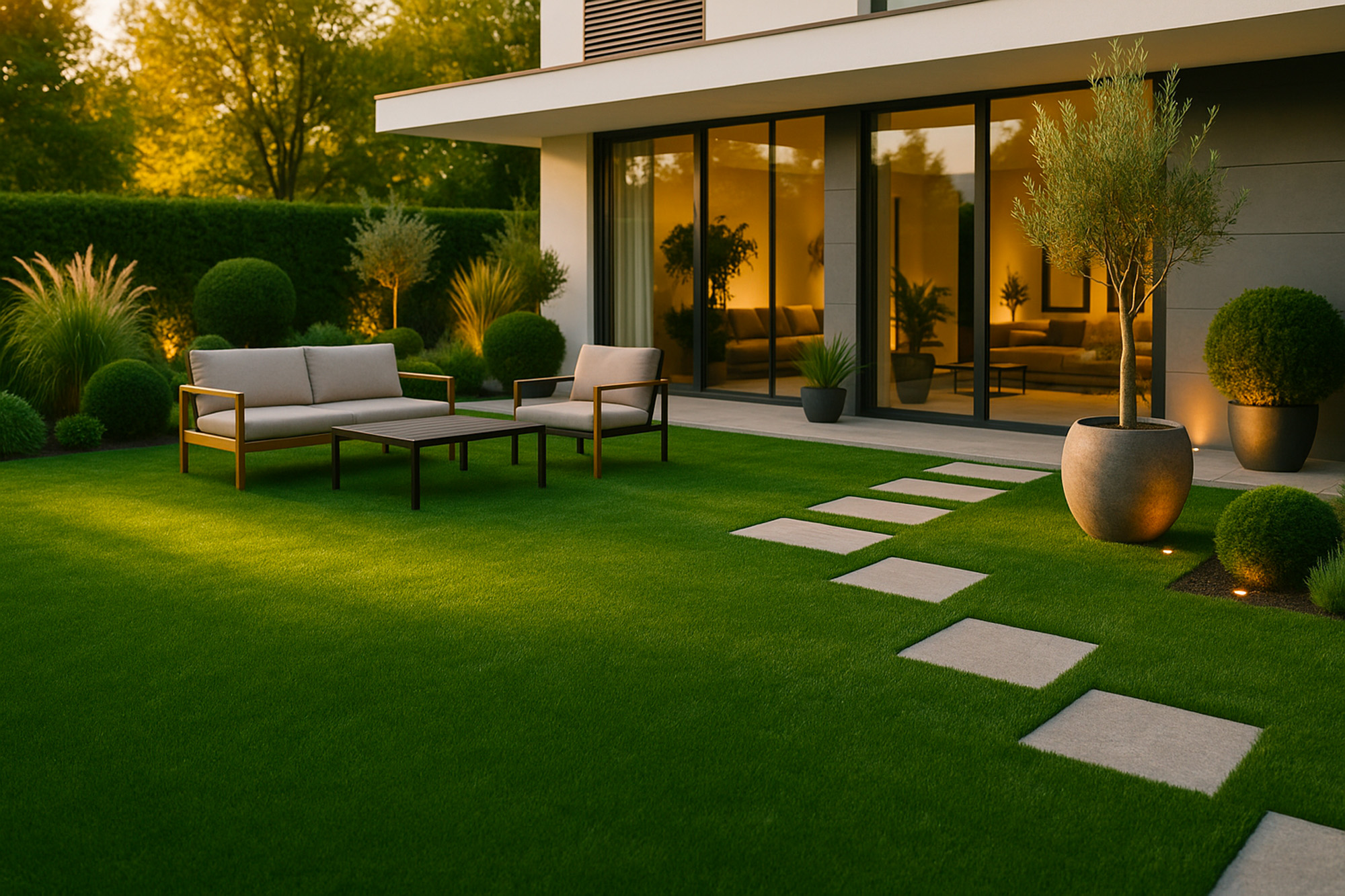 Jardin d'une maison premium avec du gazon synthétique