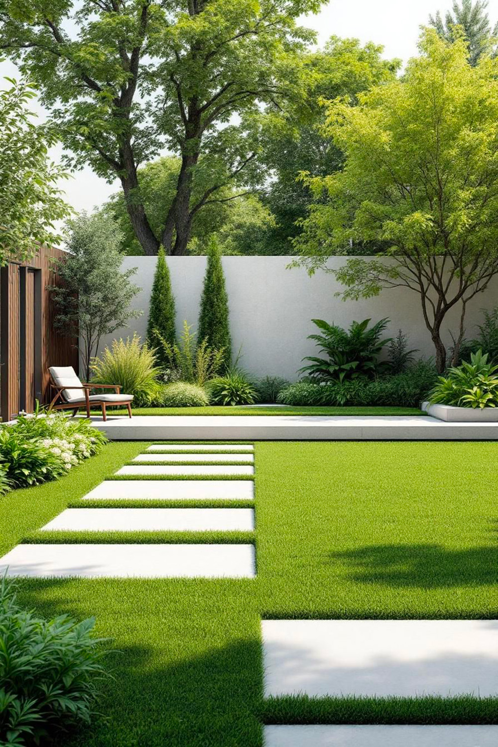 Pourquoi choisir le gazon synthétique en 2025 ? 37 Dalle en pierre et gazon synthétique dans un jardin
