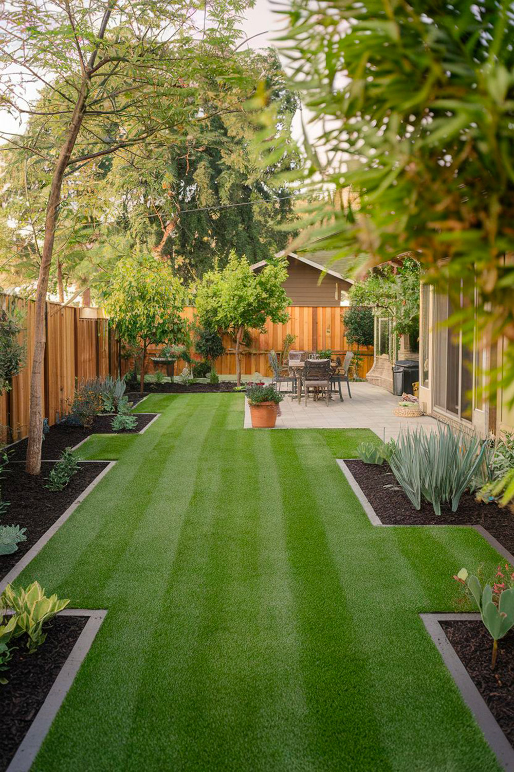 Pourquoi choisir le gazon synthétique en 2025 ? 21 Jardin d'une maison moderne avec du gazon synthétique réaliste