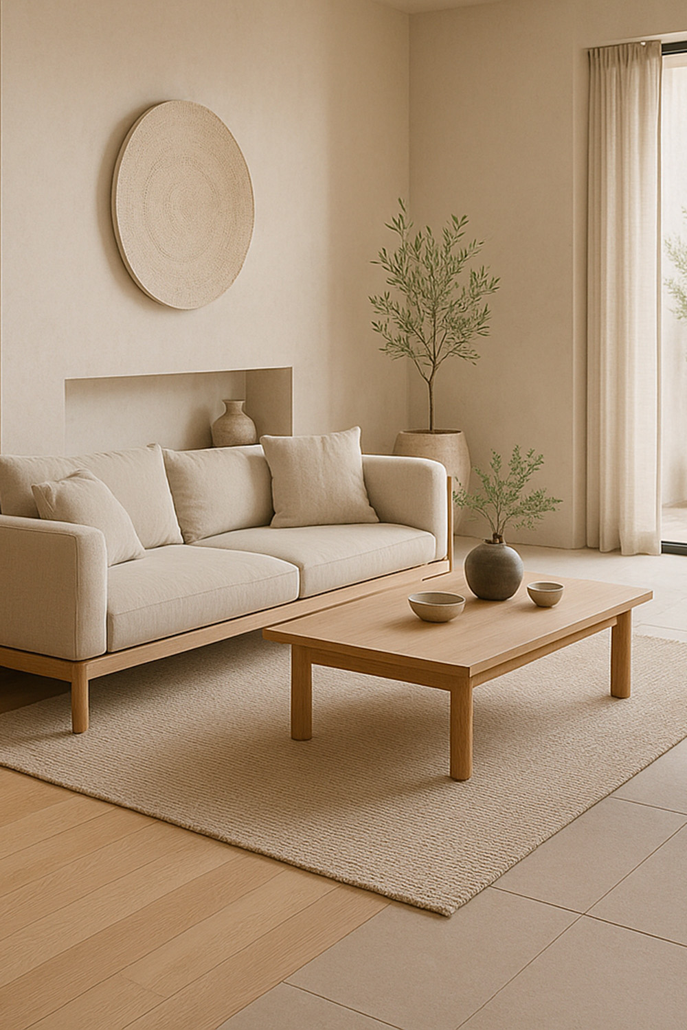Comment adopter le style Japandi chez soi ? 20 Salon japandi avec sol mix & match, parquet et carreaux