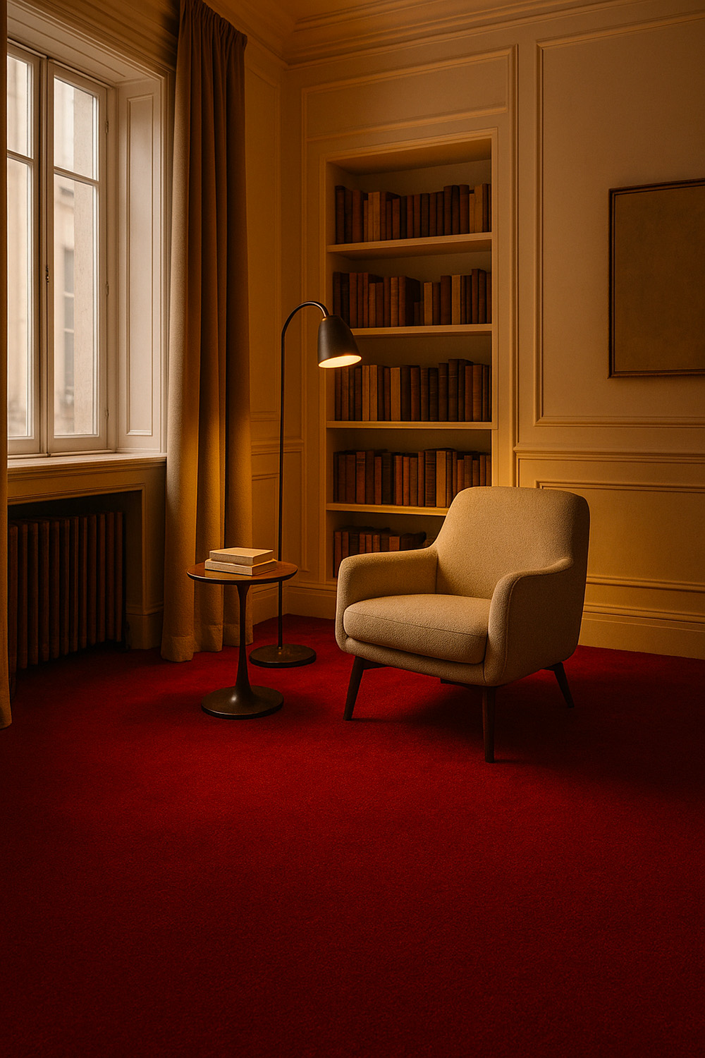 Les avantages de la moquette pour votre intérieur en 2025 24 Salon lecture avec moquette rouge en velours