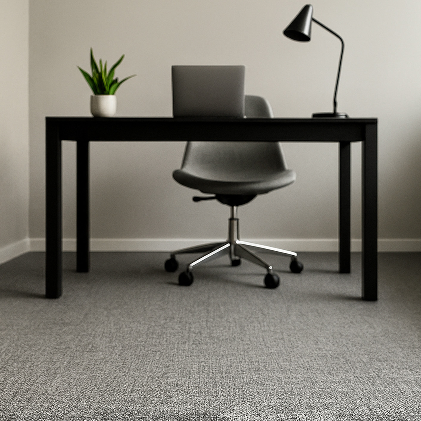 Sol vinyle tressé plombant, couleur gris, dans un bureau minimaliste