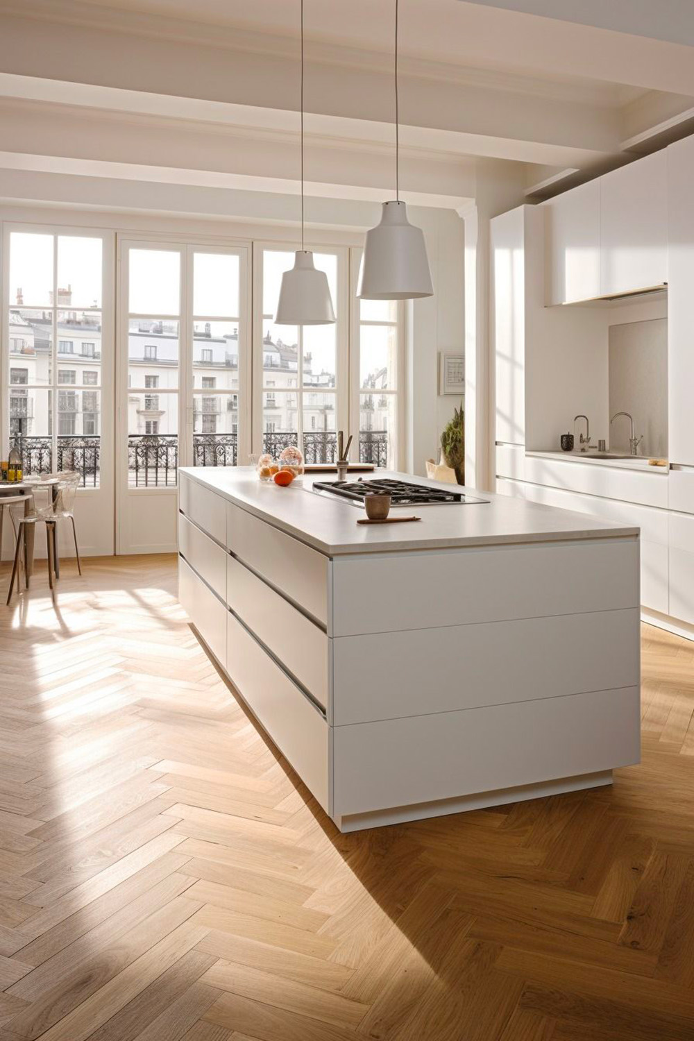 Quel sol pour aménager sa cuisine en 2025 ? 28 Cuisine avec du parquet contrecollé format bâtons rompus
