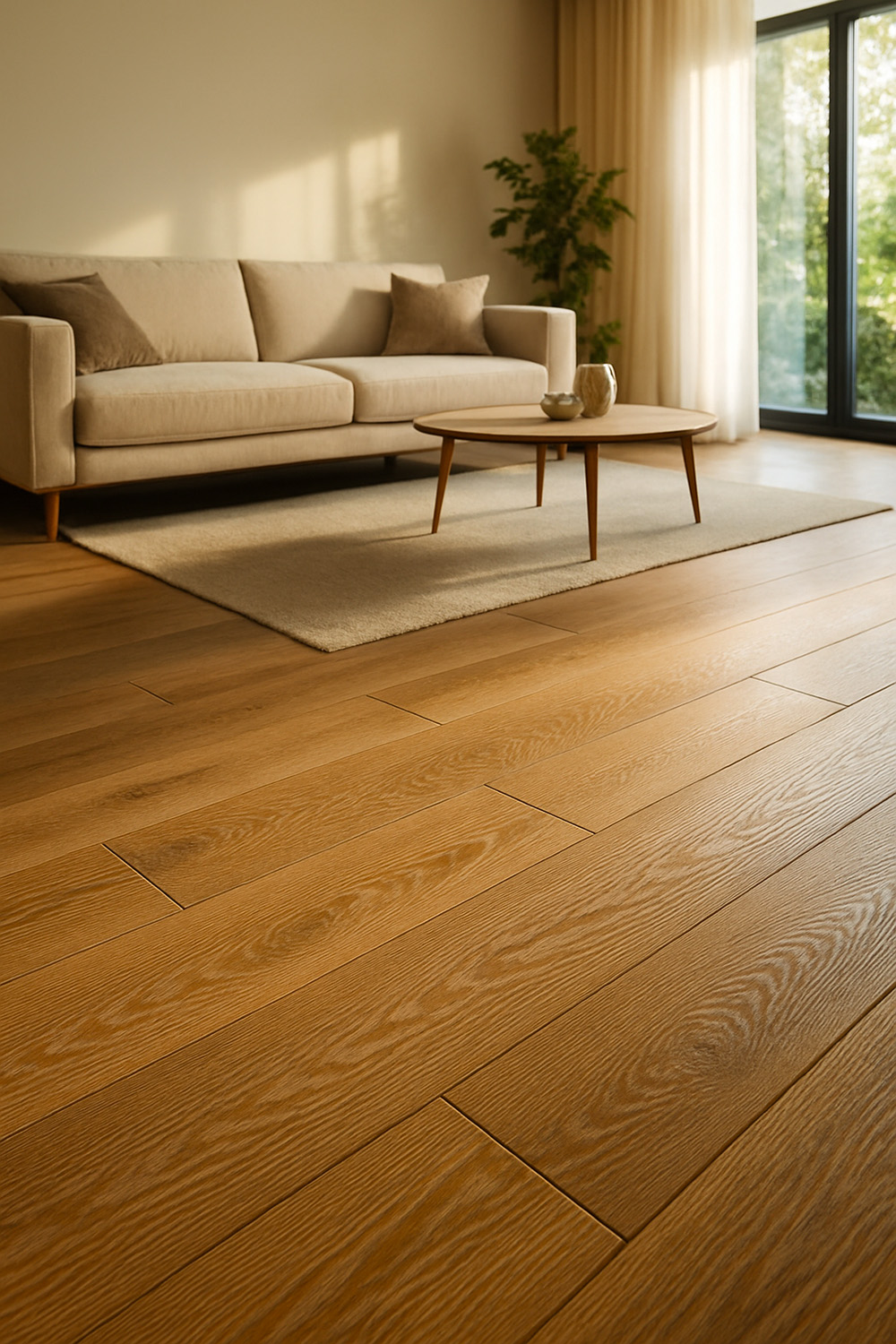 Salon avec parquet contrecollé finition brossé haut de gamme