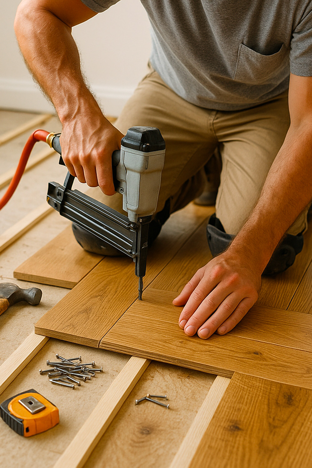 Installation parquet cloué dans un salon