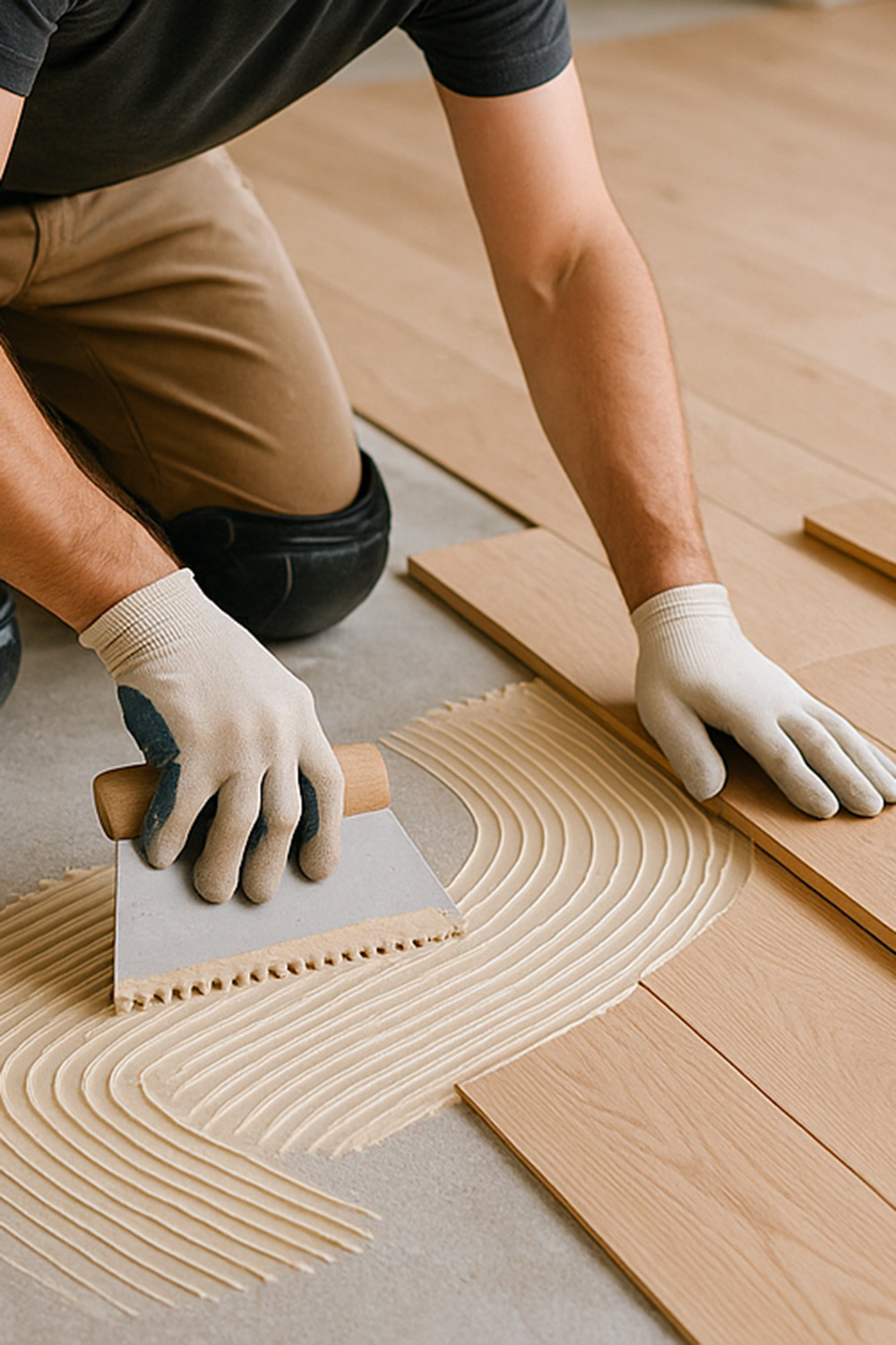 Installation dans un salon avec un parquet contrecollé à coller