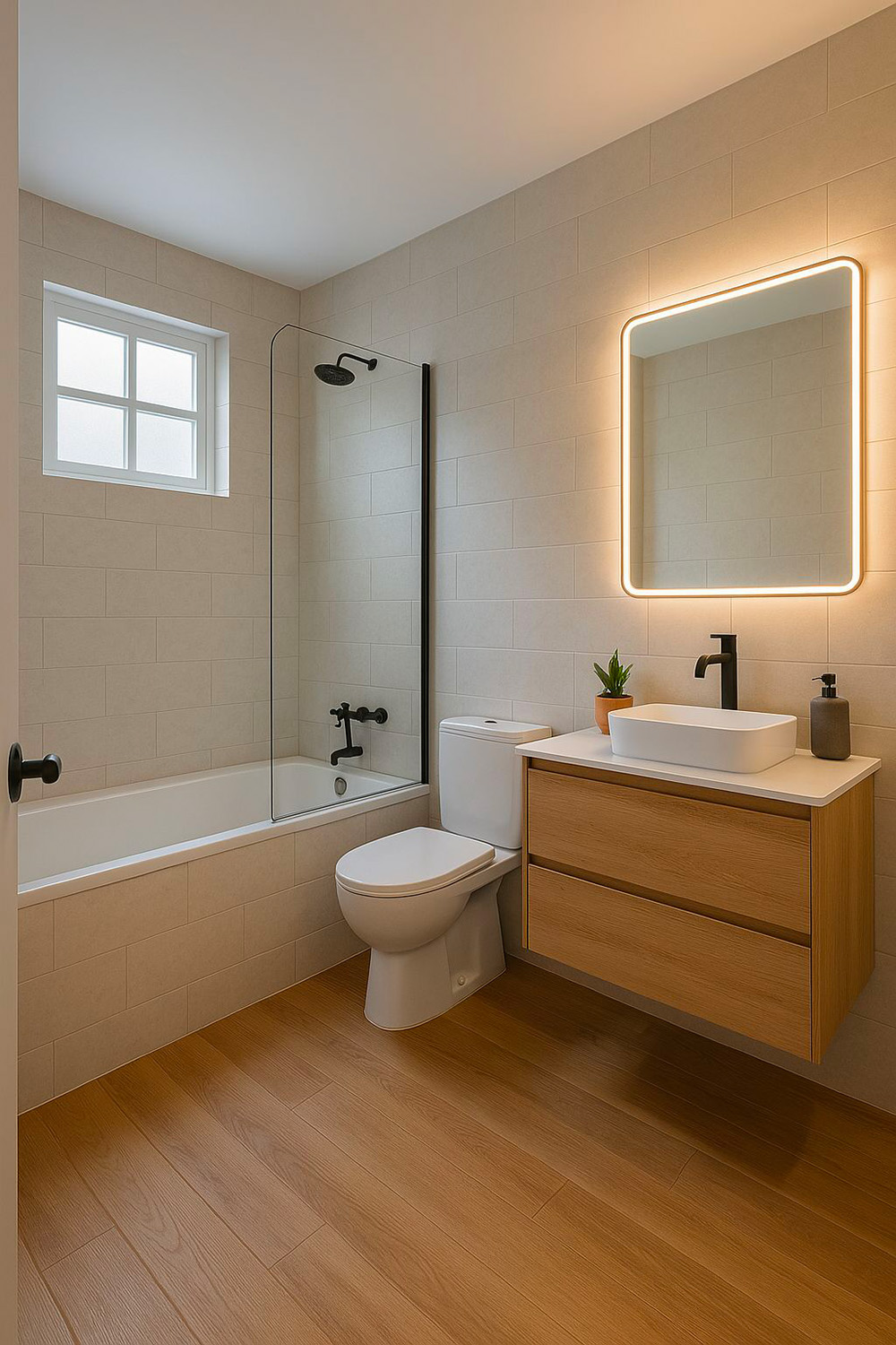 Revêtement de sol aspect chêne dans une salle de bain