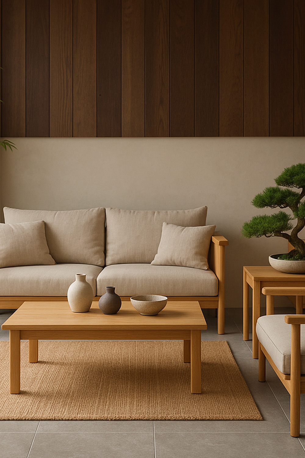 Comment adopter le style Japandi chez soi ? 23 Lames de bois foncées au mur et carrelage gris clair au sol dans un salon japandi