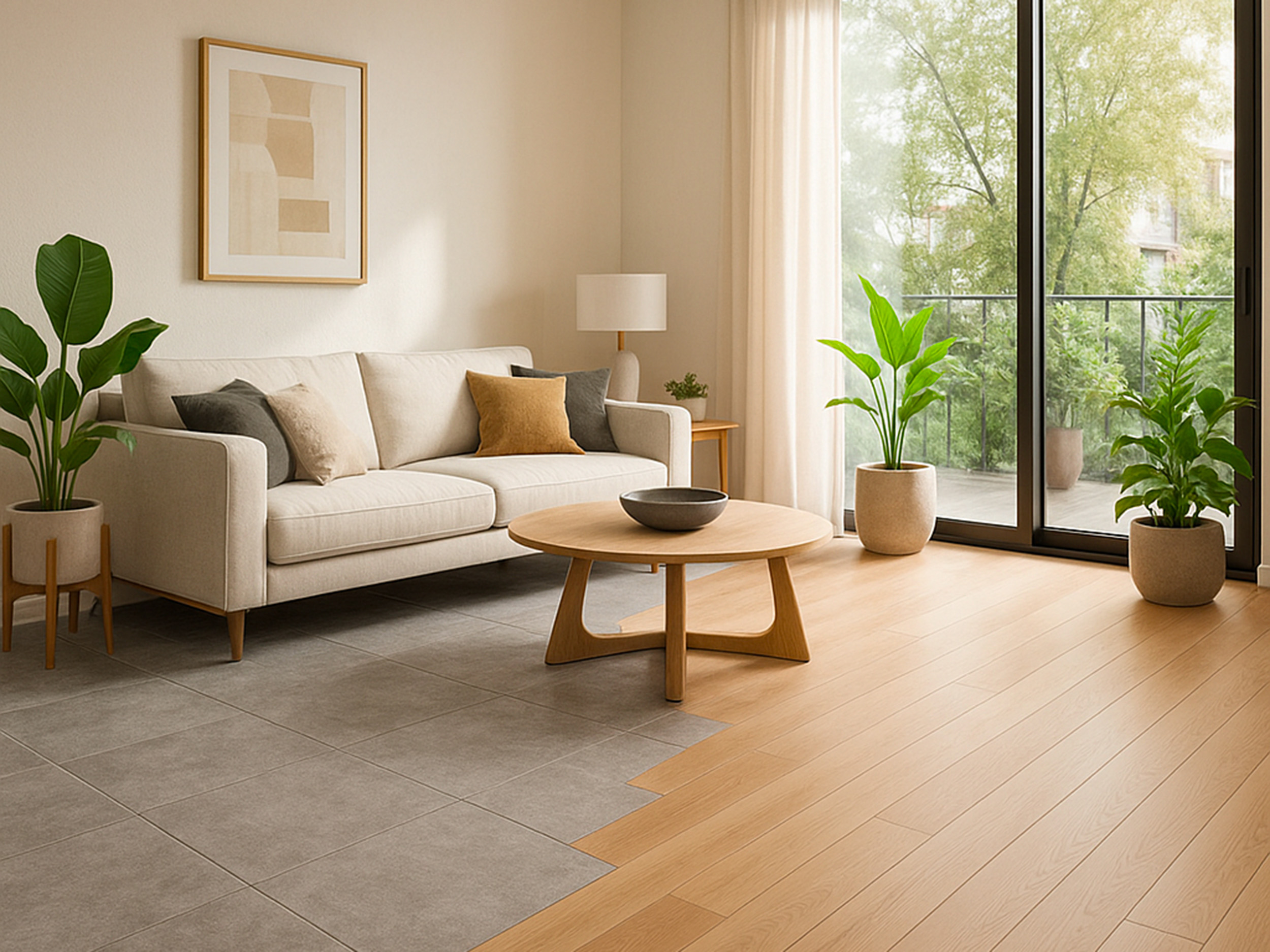 Sol mix & match parquet et sol vinyle dans un salon