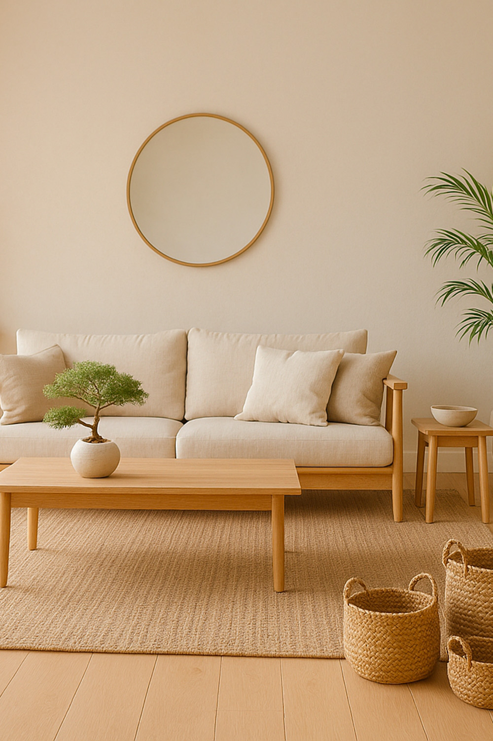 Comment adopter le style Japandi chez soi ? 22 Tapis et paniers en jute dans un salon japandi