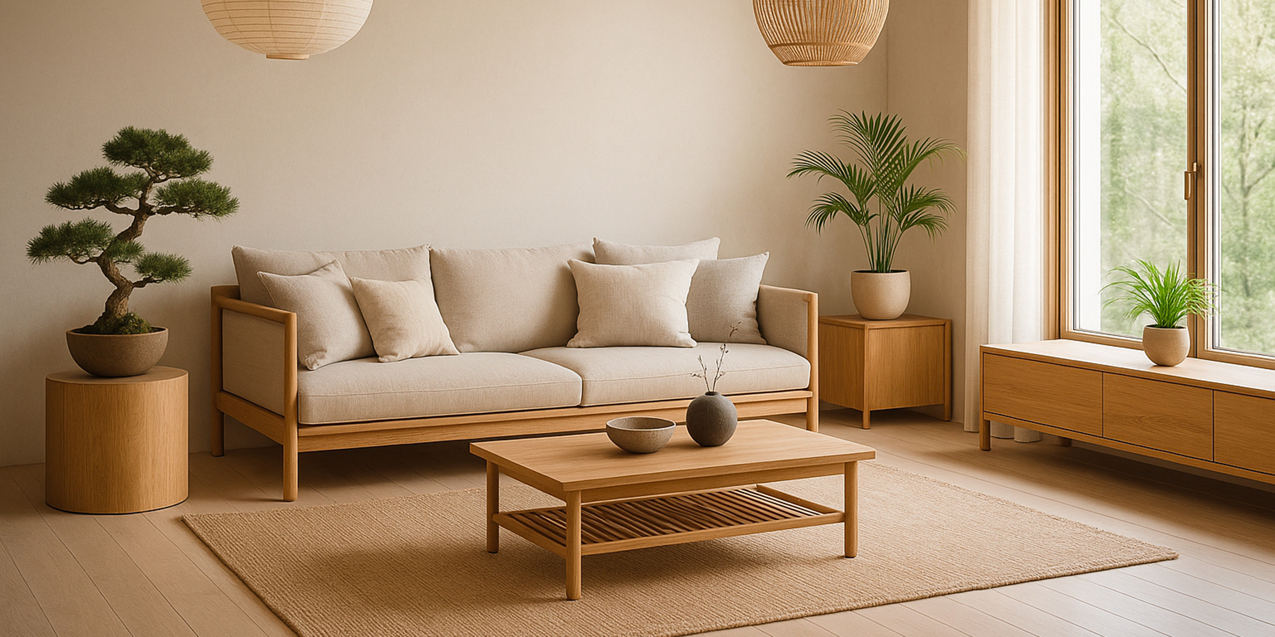 Parquet dans un salon chaleureux style Japandi