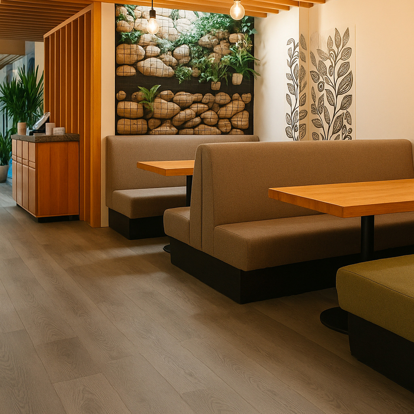 sol_pvc_a_clipser_chene_gris_objectflor_mise_en_situation Mise en situation sol pvc à clipser chêne gris dans un restaurant