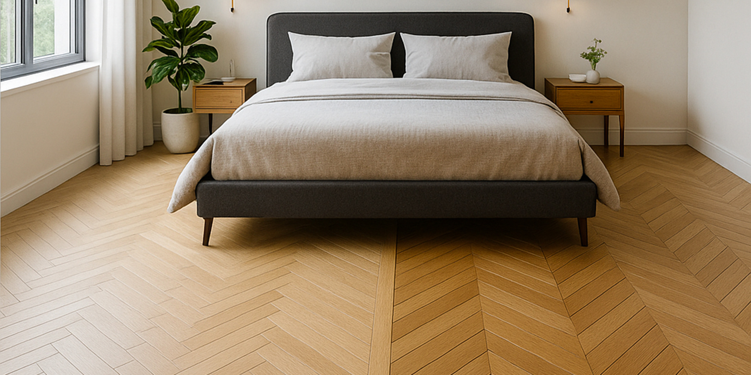 Chambre moderne avec parquet en point de hongrie et bâtons rompus