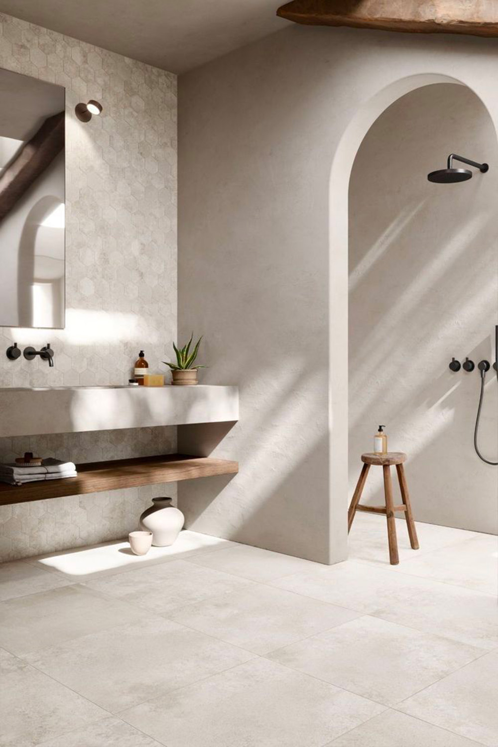 Salle de bain avec sol pvc imitation pierre