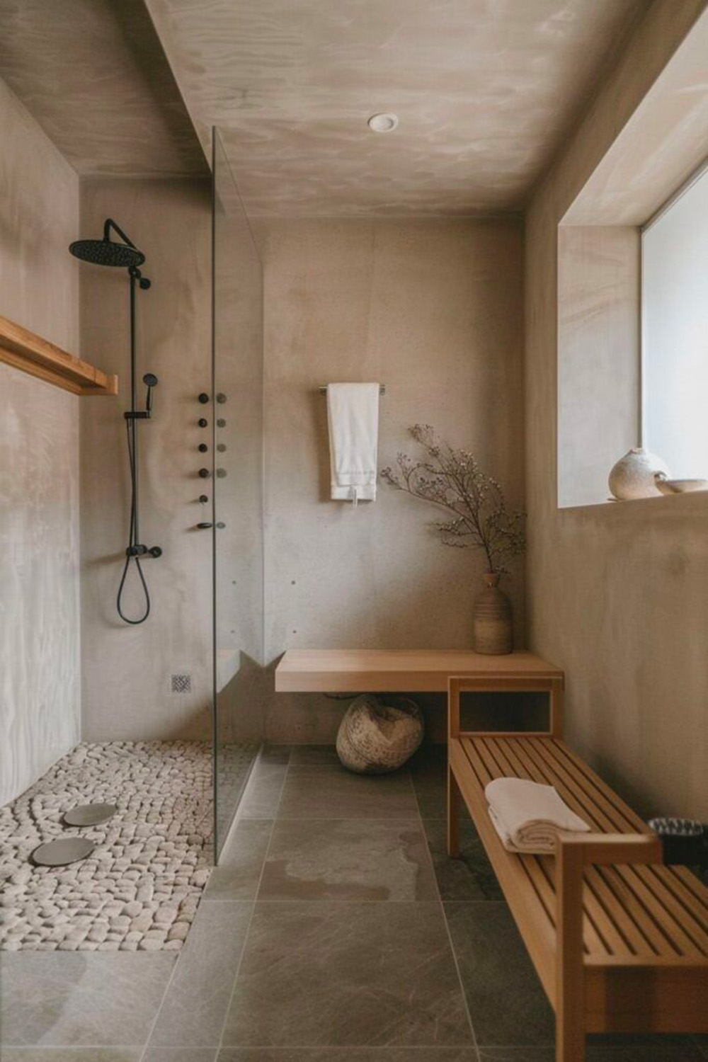 Salle de bain avec du sol vinyle aspect pierre style japandi